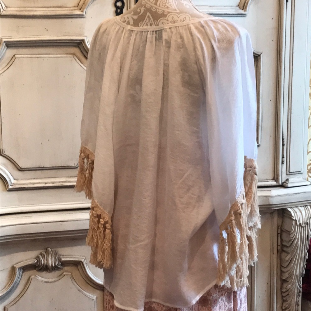 VA VA SHEER PEASANT BLOUSE FRINGED SLEEVE GORGEOUS VINTAGE TOP LIKE NEW SZ: MED